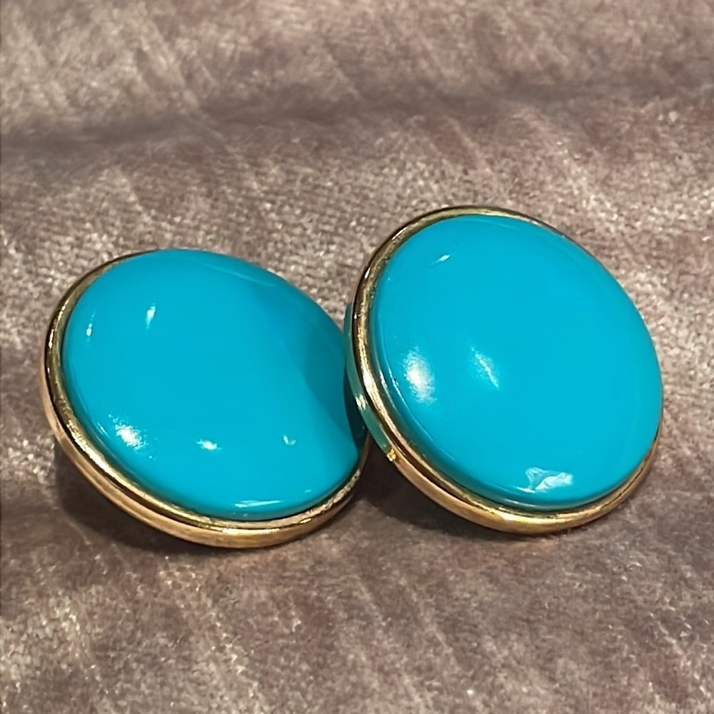 Blue & Gold Earrings Vintage 90’s Round Earrings 1” - Picture 2 of 4